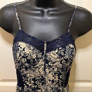 Blue Floral and Lace Trimmed Spaghetti Strap Summer Dress, Fit and Flare